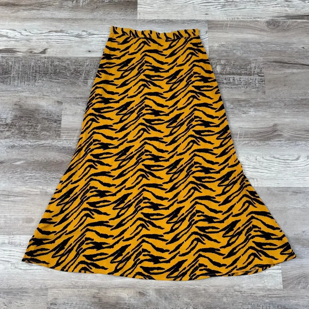 Reformation Midi Skirt Orange Black Tiger Print High Rise Y2K XS 0